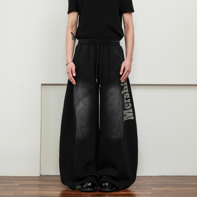 Primăvară 2025 Pantaloni trening cu print de litere uzate, croială lejeră, drepti, talie mediu-înaltă, material gros