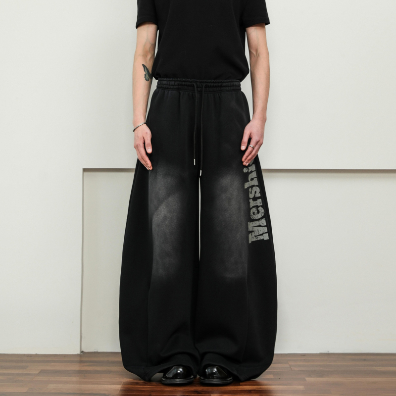 Primăvară 2025 Pantaloni trening cu print de litere uzate, croială lejeră, drepti, talie mediu-înaltă, material gros