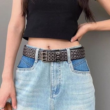 Дамски колан - пънк стил, персонализирана тенденция; PU материал; катарама от сплав; закопчаване със щифт; обработка: мъниста, ажурни отвори и пробиване