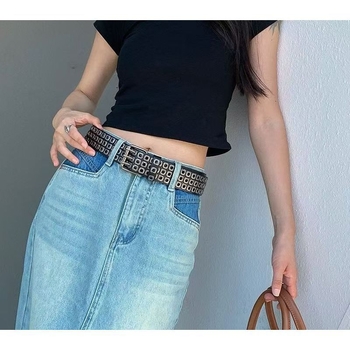 Дамски колан - пънк стил, персонализирана тенденция; PU материал; катарама от сплав; закопчаване със щифт; обработка: мъниста, ажурни отвори и пробиване