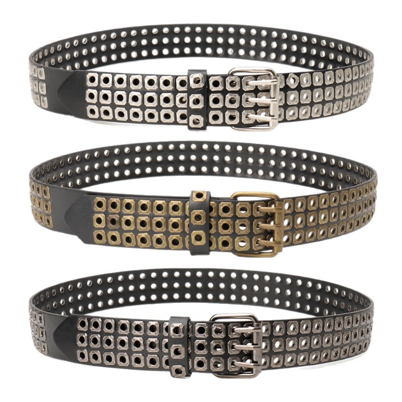 Дамски колан - пънк стил, персонализирана тенденция; PU материал; катарама от сплав; закопчаване със щифт; обработка: мъниста, ажурни отвори и пробиване