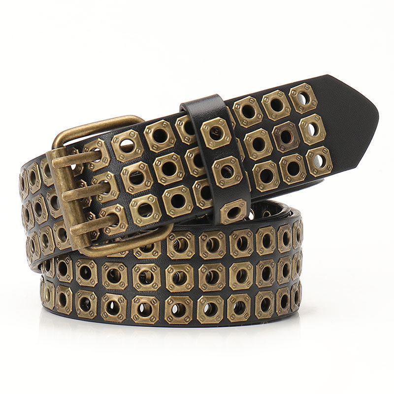 Дамски колан - пънк стил, персонализирана тенденция; PU материал; катарама от сплав; закопчаване със щифт; обработка: мъниста, ажурни отвори и пробиване
