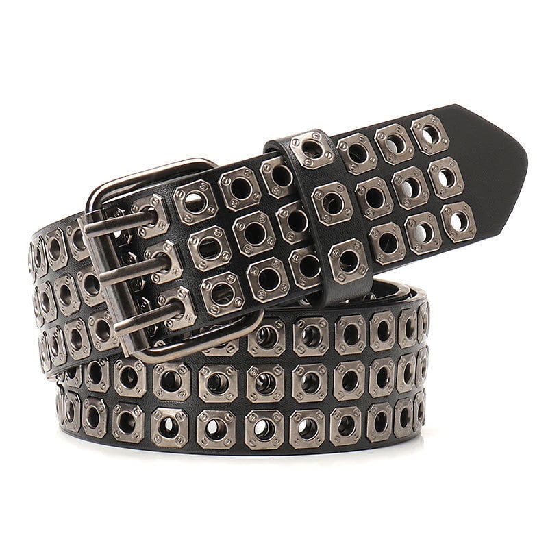 Дамски колан - пънк стил, персонализирана тенденция; PU материал; катарама от сплав; закопчаване със щифт; обработка: мъниста, ажурни отвори и пробиване