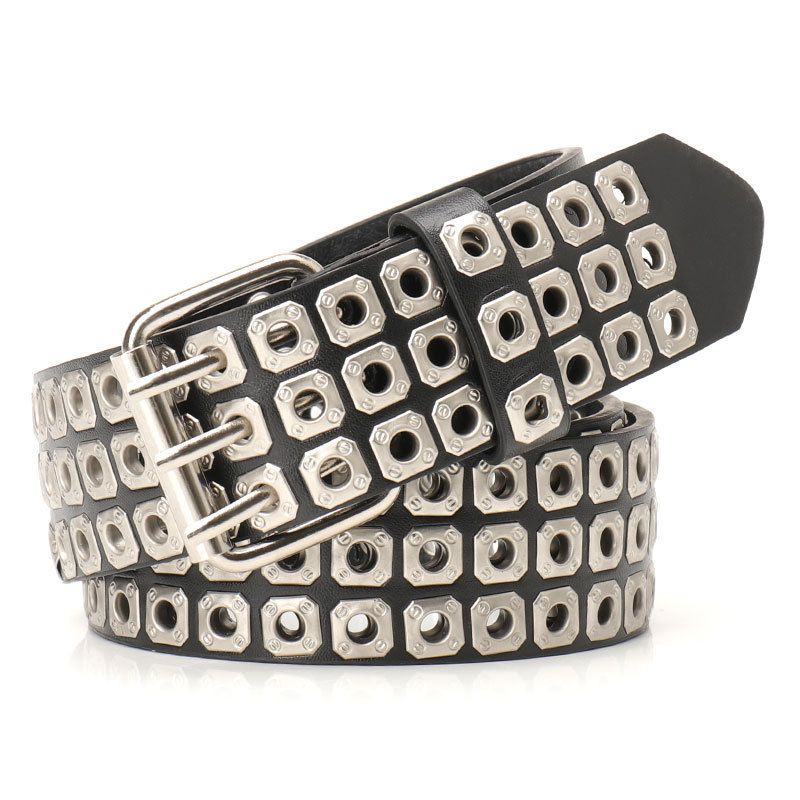 Дамски колан - пънк стил, персонализирана тенденция; PU материал; катарама от сплав; закопчаване със щифт; обработка: мъниста, ажурни отвори и пробиване