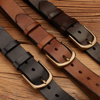 Мъжки кожен колан — кожа от първи слой, медна катарама, щифтова закопчалка, ръчно изработен, растително обработена кожа, винтидж стил