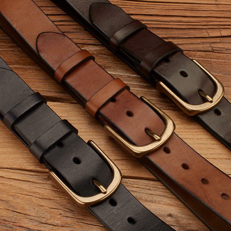 Мъжки кожен колан — кожа от първи слой, медна катарама, щифтова закопчалка, ръчно изработен, растително обработена кожа, винтидж стил