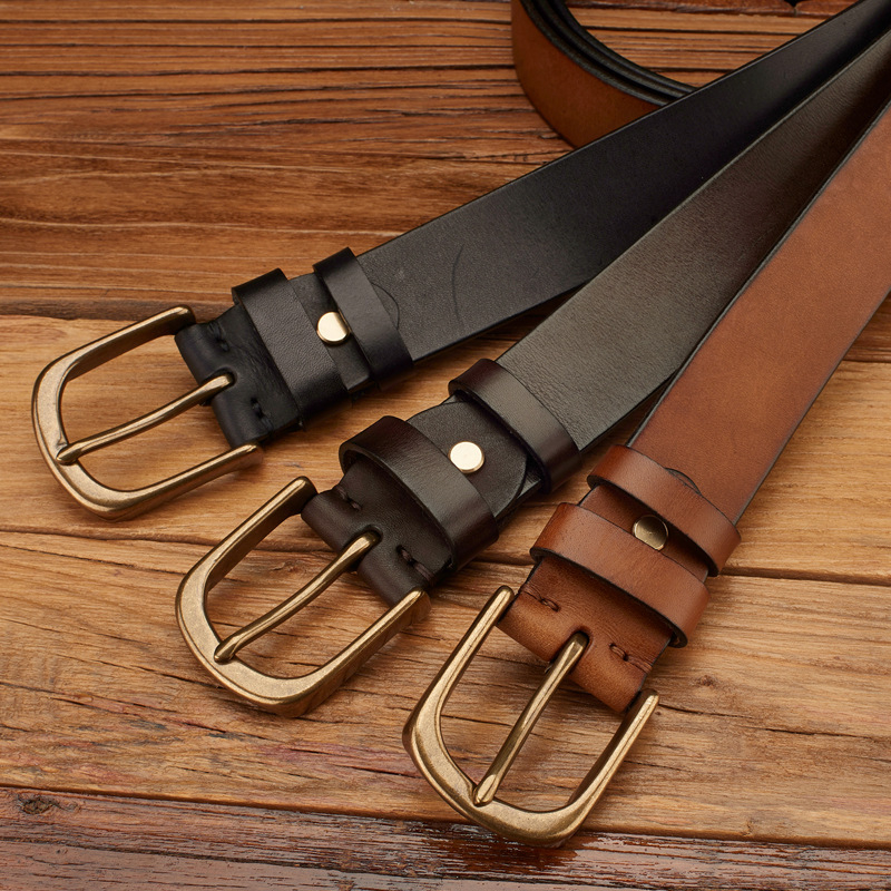 Мъжки кожен колан — кожа от първи слой, медна катарама, щифтова закопчалка, ръчно изработен, растително обработена кожа, винтидж стил