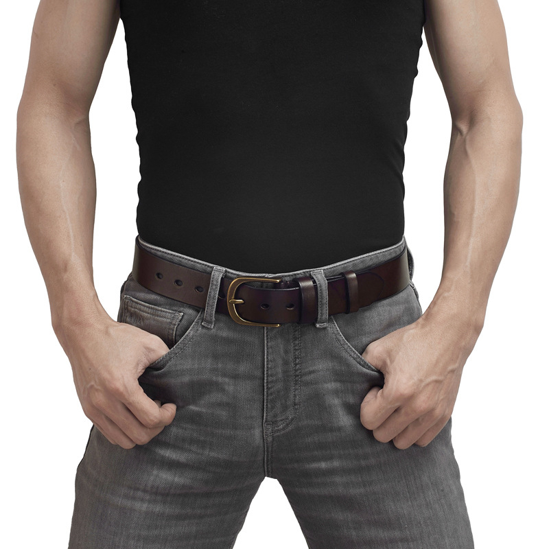 Мъжки кожен колан — кожа от първи слой, медна катарама, щифтова закопчалка, ръчно изработен, растително обработена кожа, винтидж стил