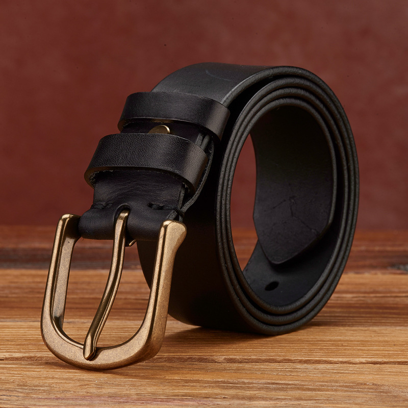 Мъжки кожен колан — кожа от първи слой, медна катарама, щифтова закопчалка, ръчно изработен, растително обработена кожа, винтидж стил