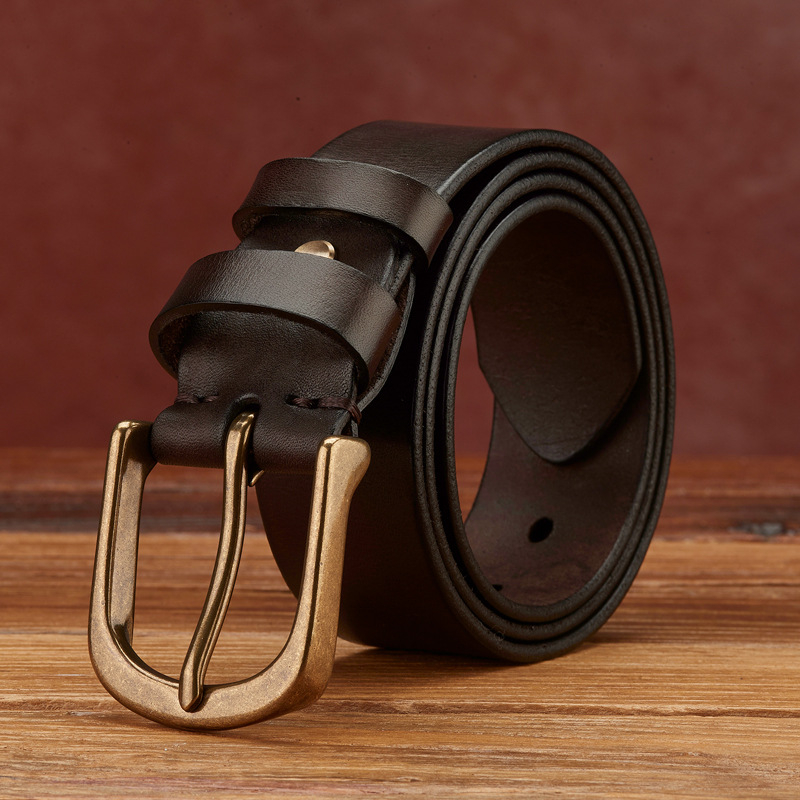 Мъжки кожен колан — кожа от първи слой, медна катарама, щифтова закопчалка, ръчно изработен, растително обработена кожа, винтидж стил