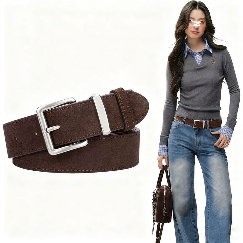 Колан - замшов финиш, катарама с пин, PU кожа, античен сребърен обков, винтидж стил (пин катарама; обков от сплав; антично сребро; PU кожа; старинен завършек)