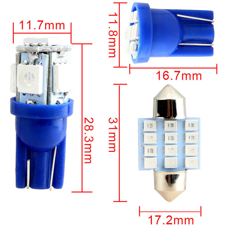13-dielny LED T10 dvojzubný set vnútorného osvetlenia auta – svetlá na čítanie, priehradku a SPZ, 12 V, 3 W, 480–500 lm, 50 000 h