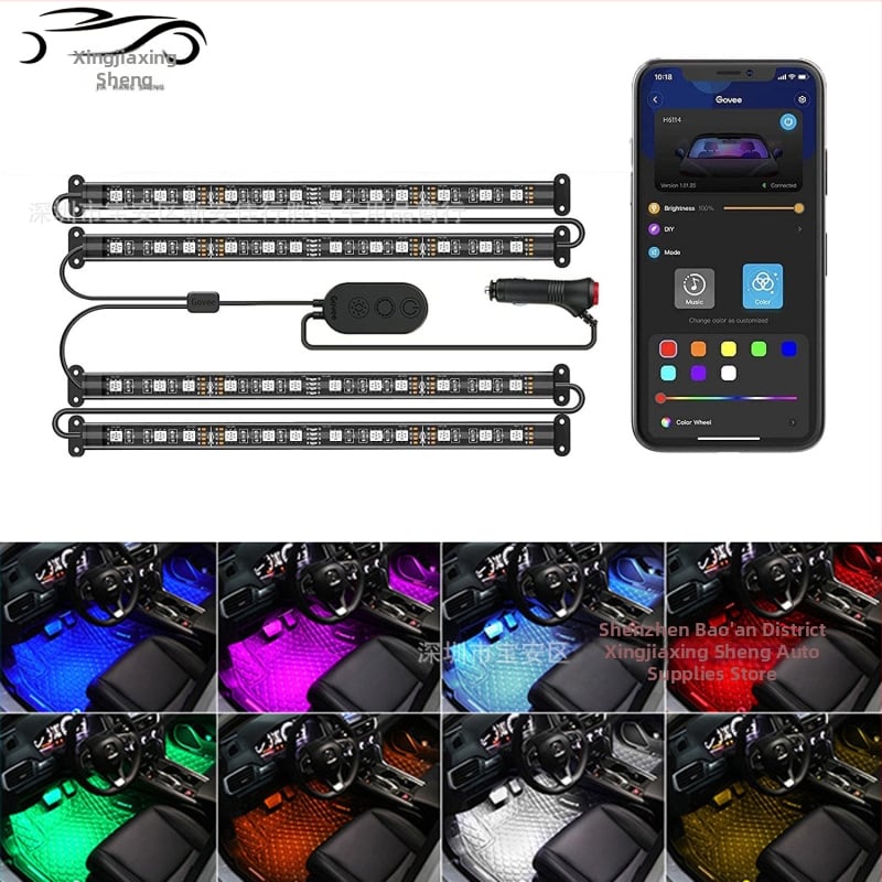 RGB ambijentalno svjetlo za prostor za noge u automobilu s kontrolom zvuka, ritam glazbe, podjela 1 na 4, bez žica