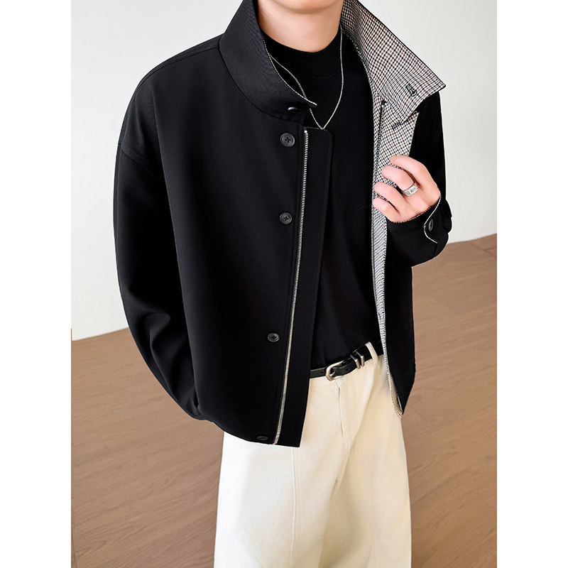 Geacă de bărbați cu guler înalt, nasturi la un rând, 100% poliester, stil minimalist