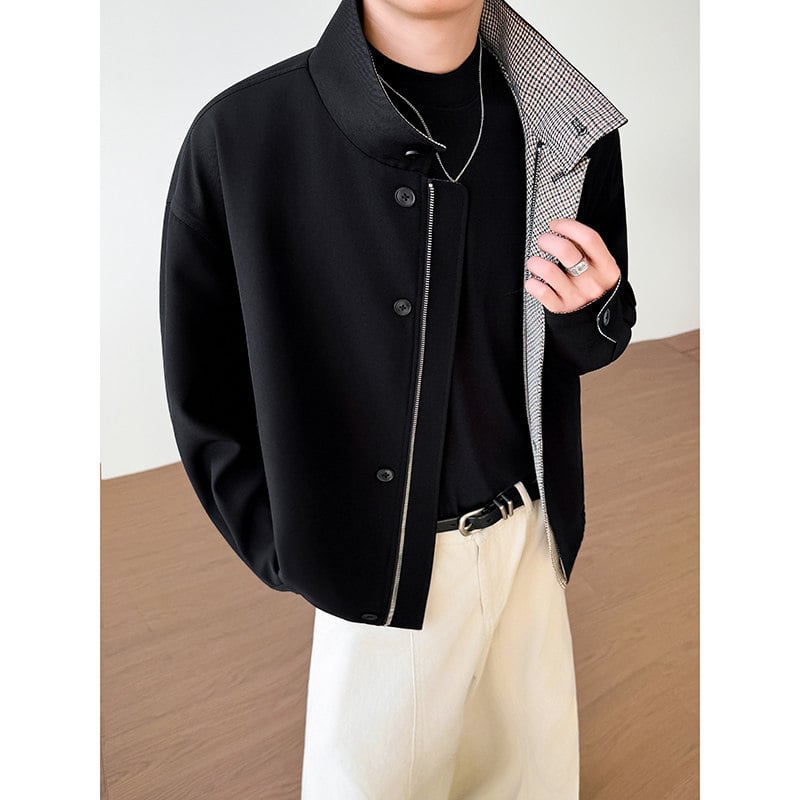 Geacă de bărbați cu guler înalt, nasturi la un rând, 100% poliester, stil minimalist