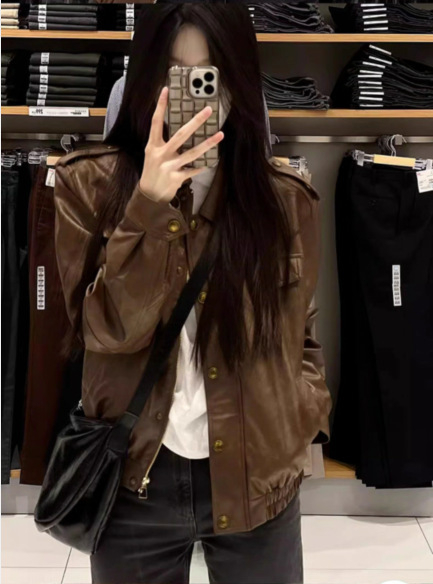 Unisex kožna jakna sa stojećim ovratnikom, kratka duljina, hongkonški stil, zatvarač