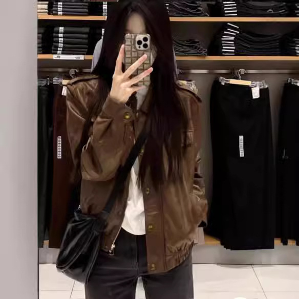 Unisex kožna jakna sa stojećim ovratnikom, kratka duljina, hongkonški stil, zatvarač