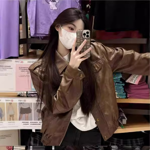 Unisex kožna jakna sa stojećim ovratnikom, kratka duljina, hongkonški stil, zatvarač
