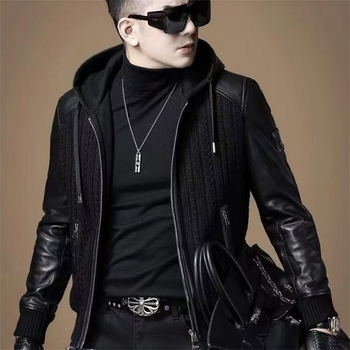 Muška jakna s kapuljom, patchwork biker stil, prilagođeni kroj, zatvarač, vanjski poliester, podstava Modal