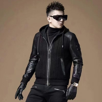 Muška jakna s kapuljom, patchwork biker stil, prilagođeni kroj, zatvarač, vanjski poliester, podstava Modal
