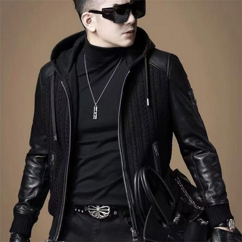Muška jakna s kapuljom, patchwork biker stil, prilagođeni kroj, zatvarač, vanjski poliester, podstava Modal