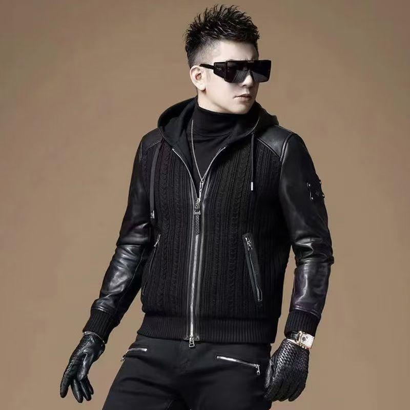 Muška jakna s kapuljom, patchwork biker stil, prilagođeni kroj, zatvarač, vanjski poliester, podstava Modal