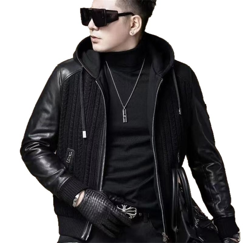 Muška jakna s kapuljom, patchwork biker stil, prilagođeni kroj, zatvarač, vanjski poliester, podstava Modal