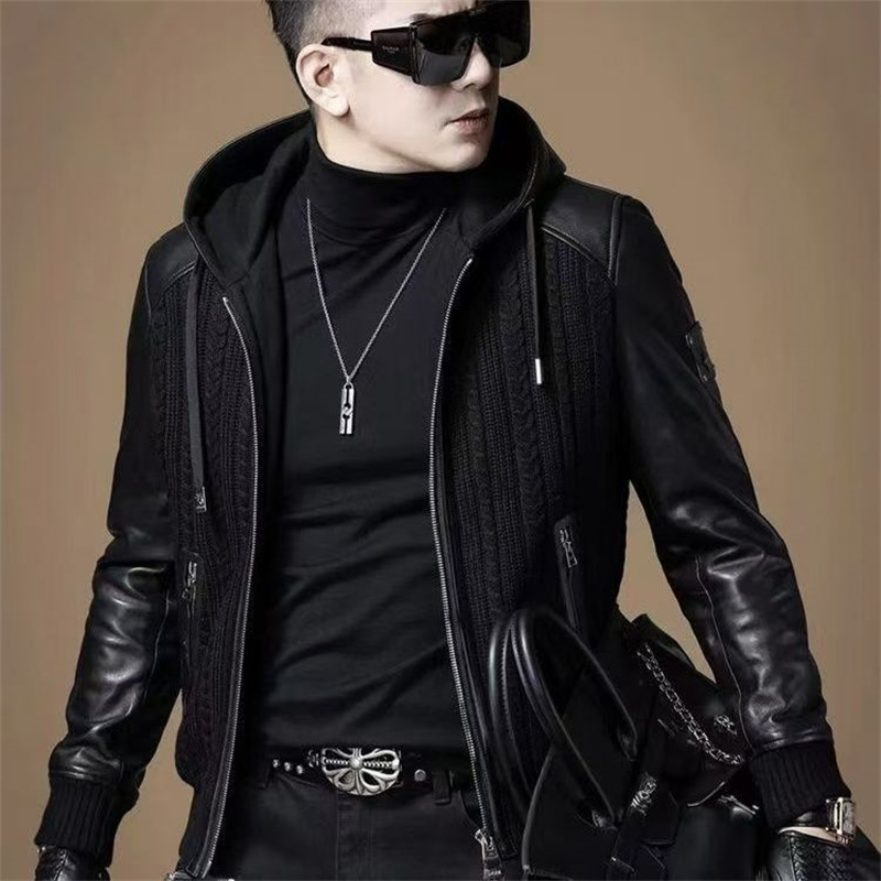 Muška jakna s kapuljom, patchwork biker stil, prilagođeni kroj, zatvarač, vanjski poliester, podstava Modal