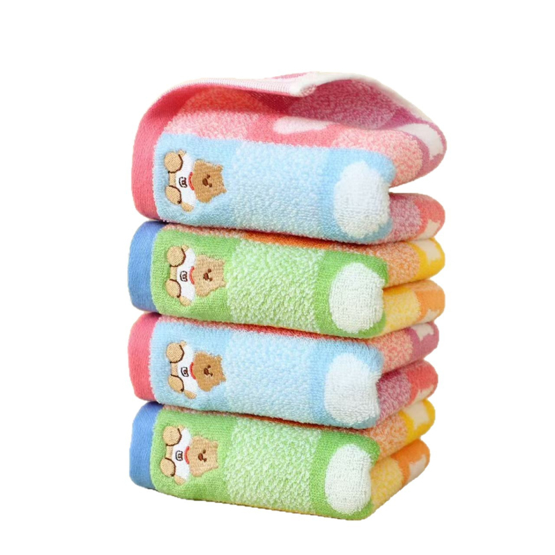 Prosop pentru copii din bumbac, grad Baby, model urs desene animate, fire 32s, margine brodată, 50–80 g, moale și absorbant pentru față