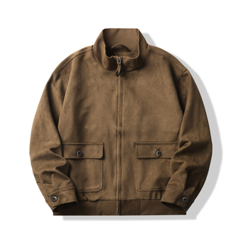 Muška suede jakna sa stojećim ovratnikom, slobodan kroj, zatvaranje na zip i džepovi s patch džepovima