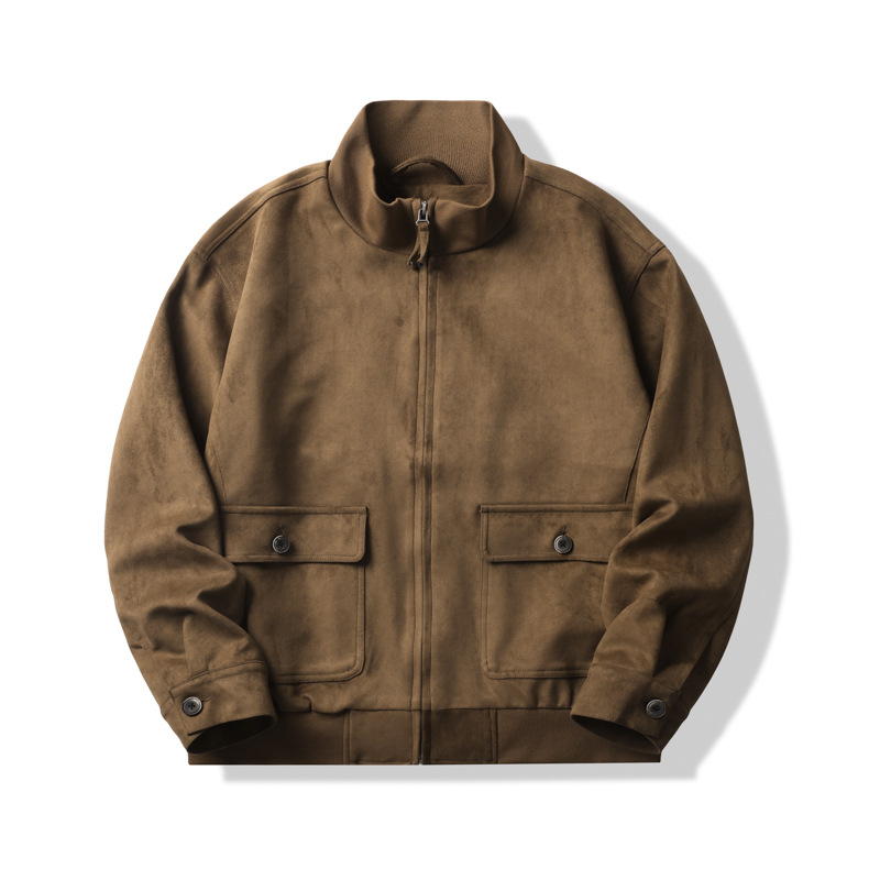 Muška suede jakna sa stojećim ovratnikom, slobodan kroj, zatvaranje na zip i džepovi s patch džepovima
