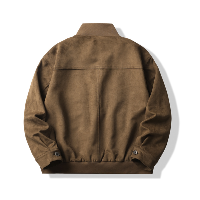 Muška suede jakna sa stojećim ovratnikom, slobodan kroj, zatvaranje na zip i džepovi s patch džepovima
