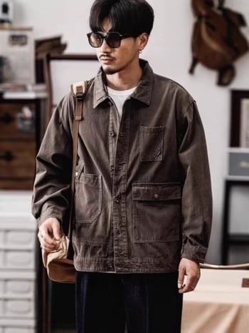 Jachetă de lucru din denim/pânză de bumbac pentru bărbați, croială lejeră, guler rever, închidere frontală cu un nasture, buzunare laterale, primăvară-toamnă