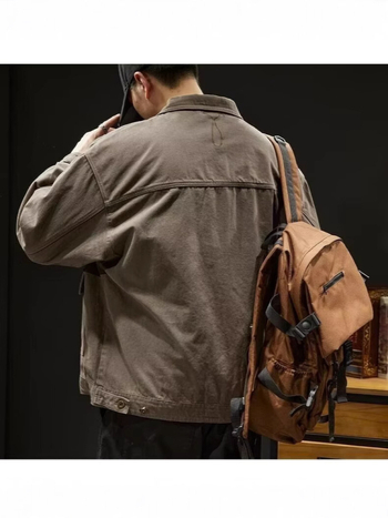 Jachetă de lucru din denim/pânză de bumbac pentru bărbați, croială lejeră, guler rever, închidere frontală cu un nasture, buzunare laterale, primăvară-toamnă