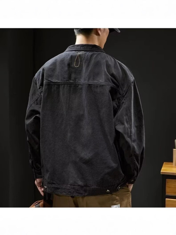 Jachetă de lucru din denim/pânză de bumbac pentru bărbați, croială lejeră, guler rever, închidere frontală cu un nasture, buzunare laterale, primăvară-toamnă