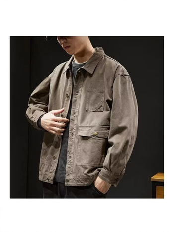 Jachetă de lucru din denim/pânză de bumbac pentru bărbați, croială lejeră, guler rever, închidere frontală cu un nasture, buzunare laterale, primăvară-toamnă