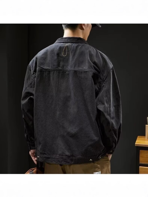 Jachetă de lucru din denim/pânză de bumbac pentru bărbați, croială lejeră, guler rever, închidere frontală cu un nasture, buzunare laterale, primăvară-toamnă