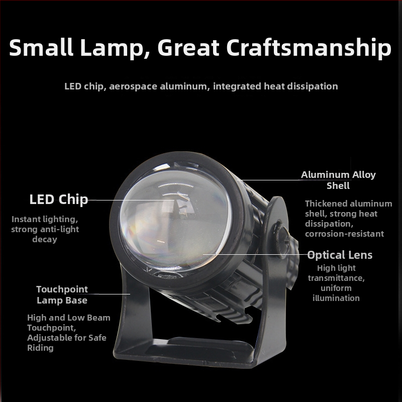 Proiector LED pentru motocicletă, 12W, corp din aluminiu, lentilă, model Mini steel cannon, 8-80V