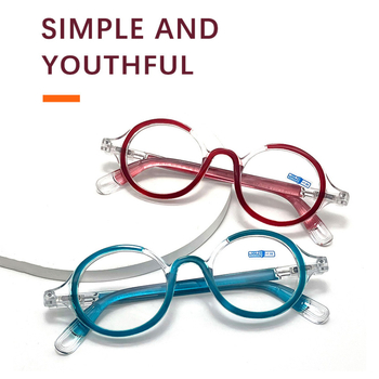 Ochelari de lectură cu ramă rotundă, ramă completă; lentile AC; anti-lumină albastră; ramă PC; potriviți pentru prezbiopie la adulți.