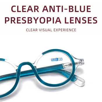 Ochelari de lectură cu ramă rotundă, ramă completă; lentile AC; anti-lumină albastră; ramă PC; potriviți pentru prezbiopie la adulți.
