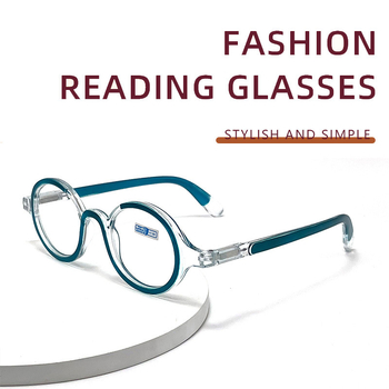Ochelari de lectură cu ramă rotundă, ramă completă; lentile AC; anti-lumină albastră; ramă PC; potriviți pentru prezbiopie la adulți.