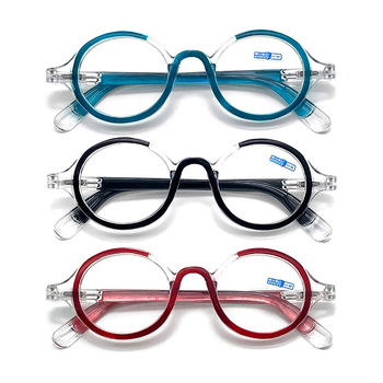 Ochelari de lectură cu ramă rotundă, ramă completă; lentile AC; anti-lumină albastră; ramă PC; potriviți pentru prezbiopie la adulți.