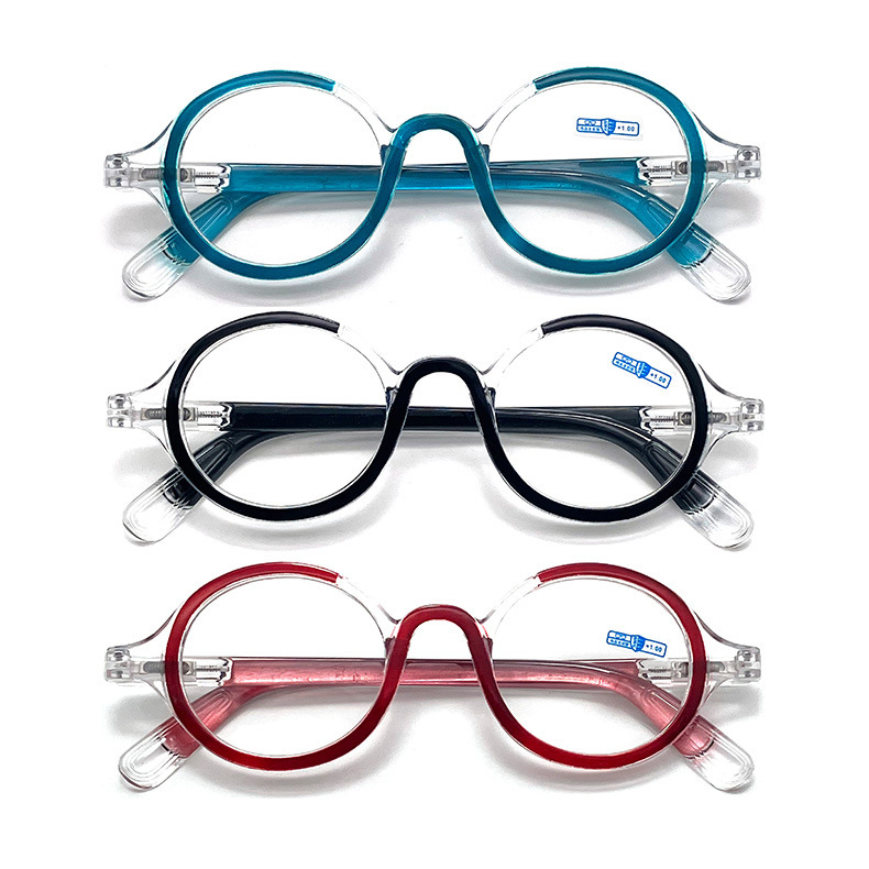 Ochelari de lectură cu ramă rotundă, ramă completă; lentile AC; anti-lumină albastră; ramă PC; potriviți pentru prezbiopie la adulți.