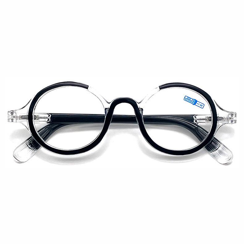 Ochelari de lectură cu ramă rotundă, ramă completă; lentile AC; anti-lumină albastră; ramă PC; potriviți pentru prezbiopie la adulți.