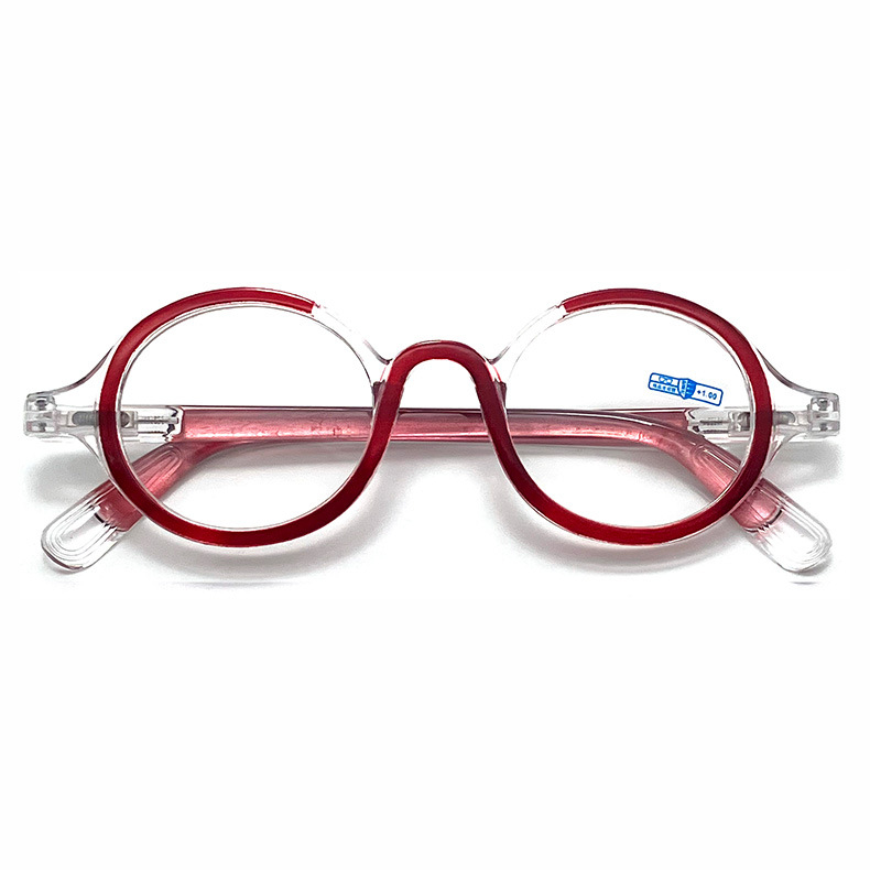 Ochelari de lectură cu ramă rotundă, ramă completă; lentile AC; anti-lumină albastră; ramă PC; potriviți pentru prezbiopie la adulți.