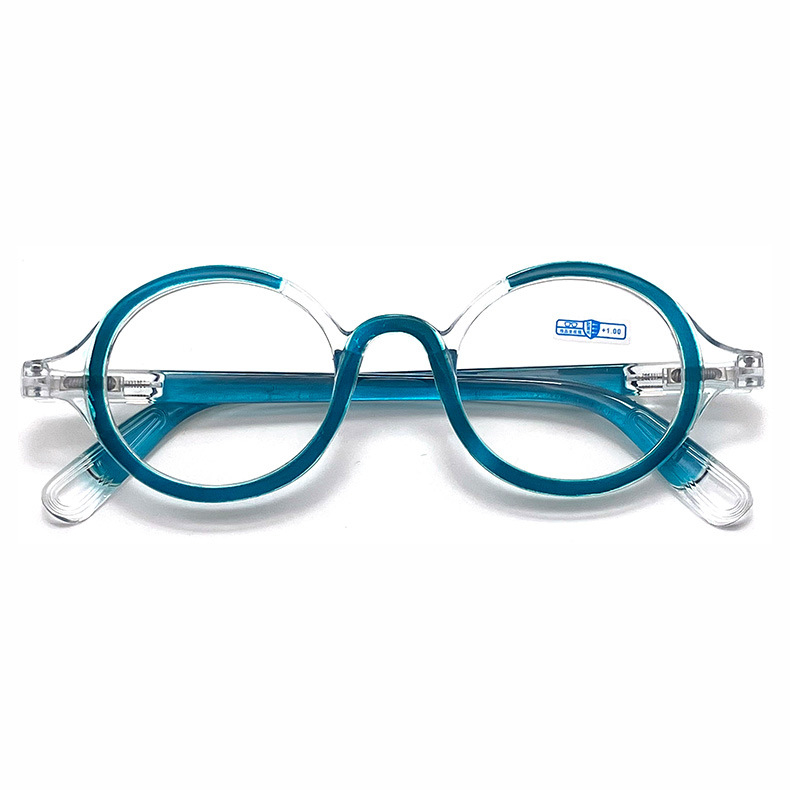 Ochelari de lectură cu ramă rotundă, ramă completă; lentile AC; anti-lumină albastră; ramă PC; potriviți pentru prezbiopie la adulți.