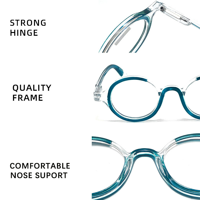Ochelari de lectură cu ramă rotundă, ramă completă; lentile AC; anti-lumină albastră; ramă PC; potriviți pentru prezbiopie la adulți.