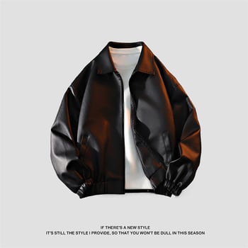 Jachetă din PU piele și poliester, cu guler înalt, închidere fermoar, croială lejeră, pentru primăvară și toamnă