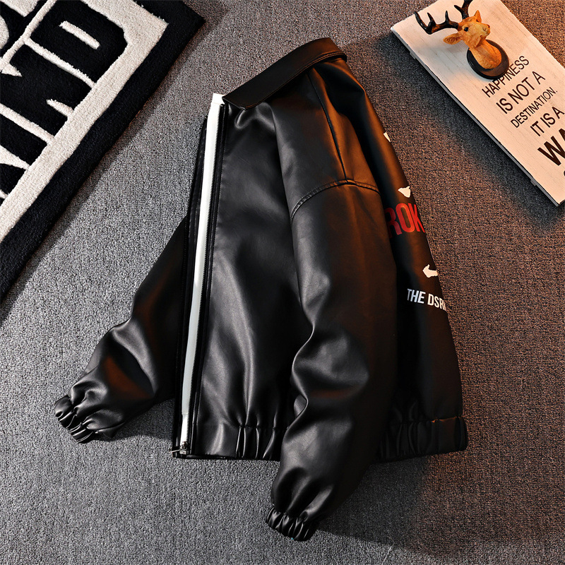 Jachetă din PU piele și poliester, cu guler înalt, închidere fermoar, croială lejeră, pentru primăvară și toamnă