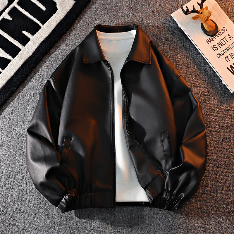 Jachetă din PU piele și poliester, cu guler înalt, închidere fermoar, croială lejeră, pentru primăvară și toamnă